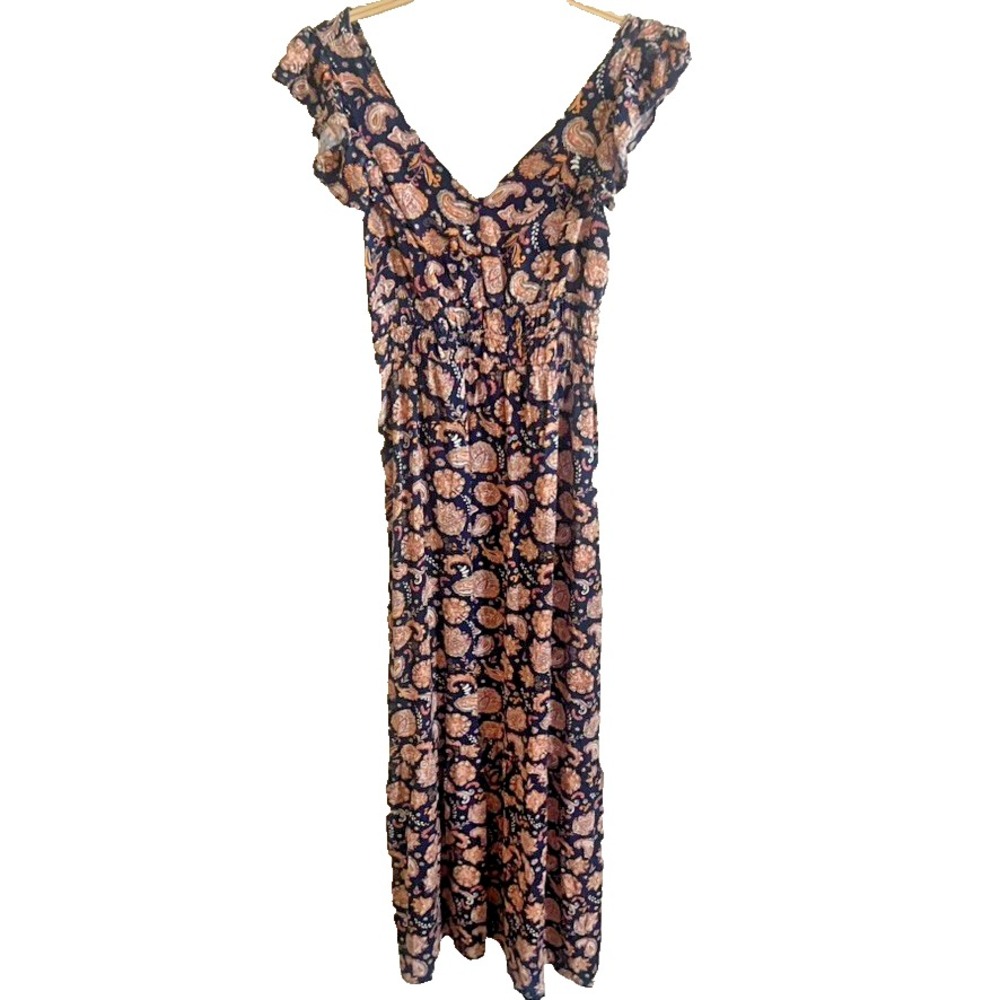 Lark + Grey Maxi Dress M Paisley Stretch Summer Sundress Smocked Tiered Boho